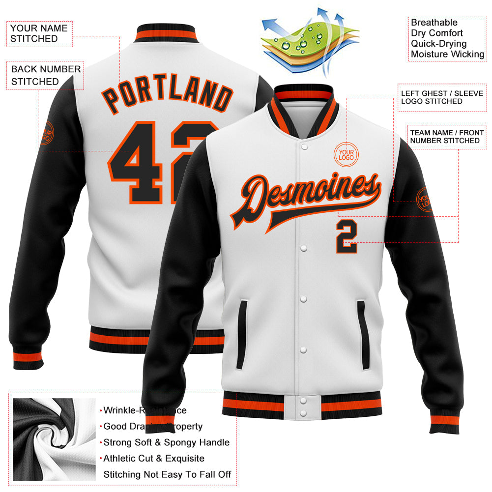 Custom White Black-Orange Bomber Full-Snap Varsity Letterman Two Tone Jacket view 5