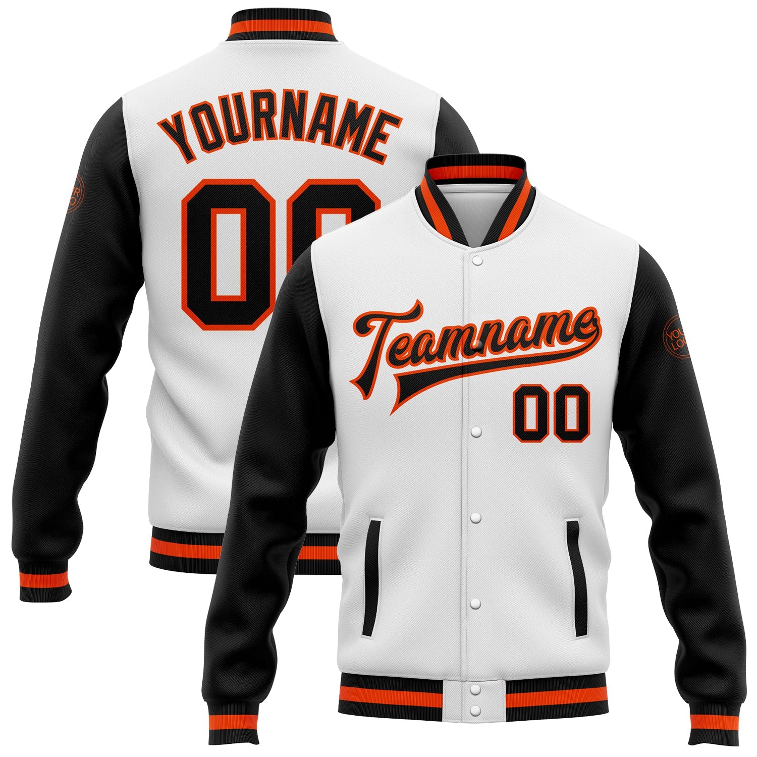 Custom White Black-Orange Bomber Full-Snap Varsity Letterman Two Tone Jacket - Main View