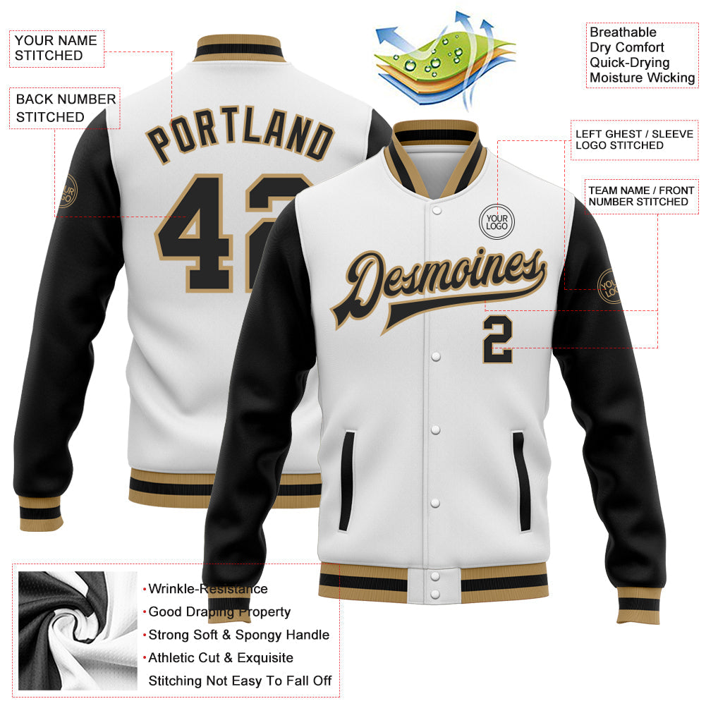Custom White Black-Old Gold Bomber Full-Snap Varsity Letterman Two Tone Jacket view 5