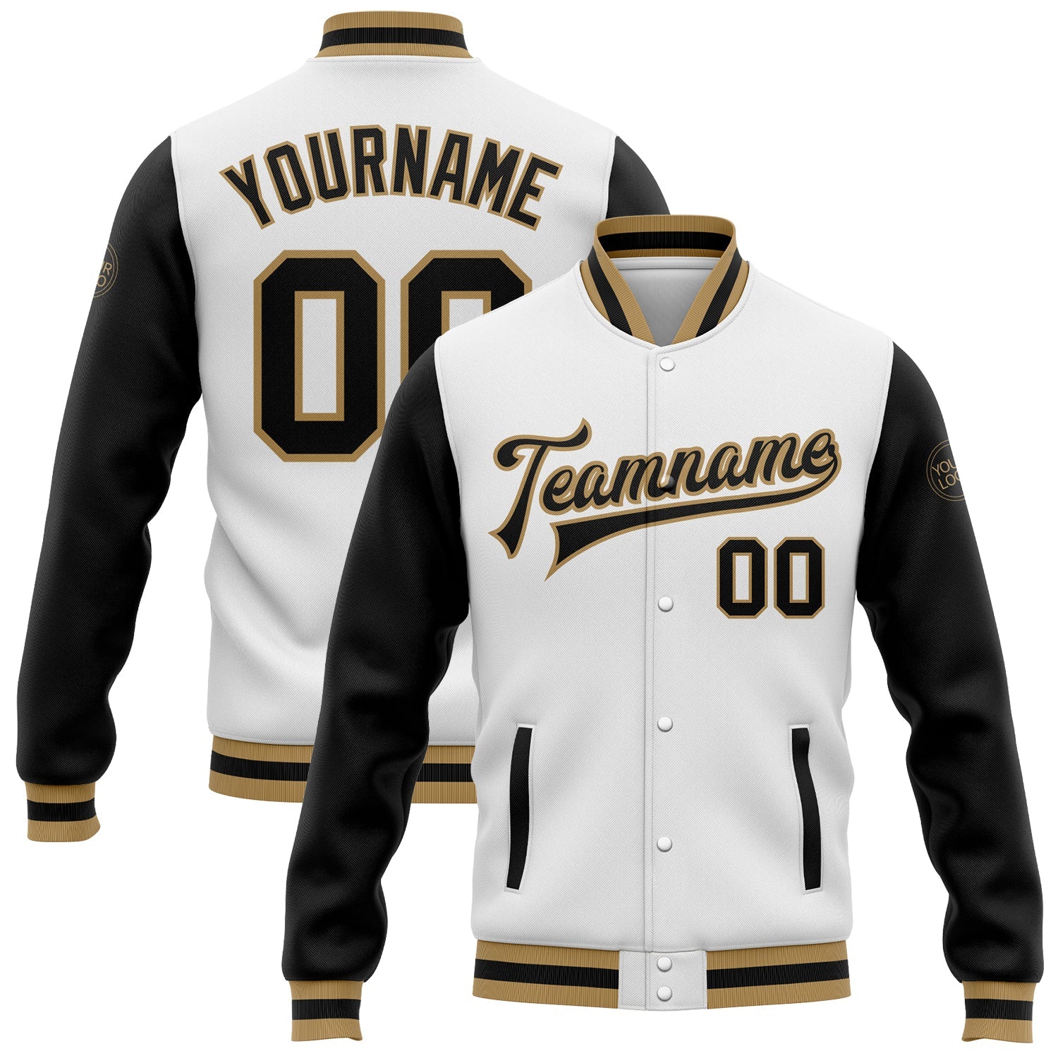 Custom White Black-Old Gold Bomber Full-Snap Varsity Letterman Two Tone Jacket - Main View