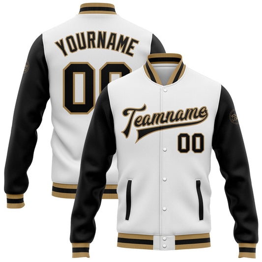 Custom White Black-Old Gold Bomber Full-Snap Varsity Letterman Two Tone Jacket - Main View