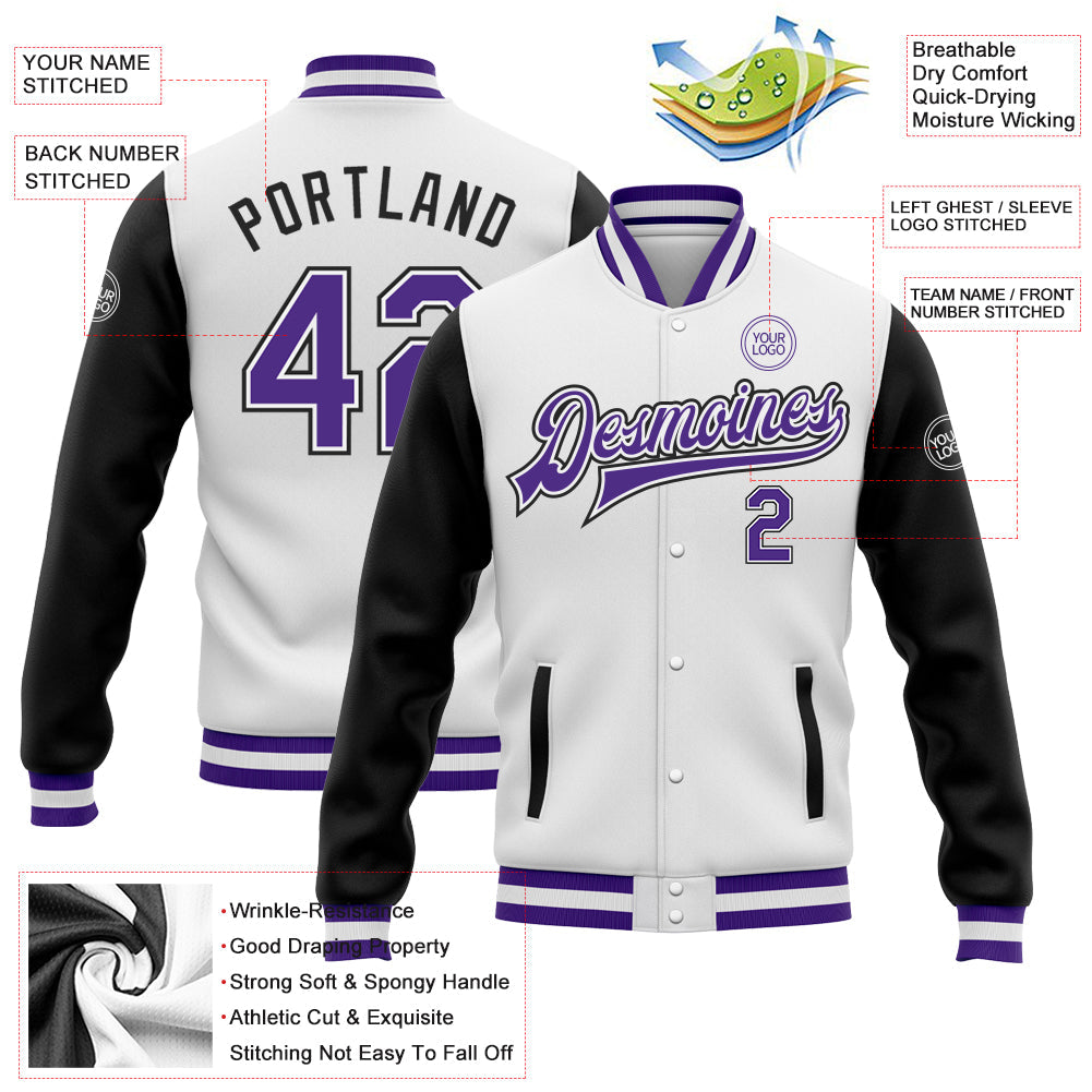 Custom White Purple-Black Bomber Full-Snap Varsity Letterman Two Tone Jacket view 5