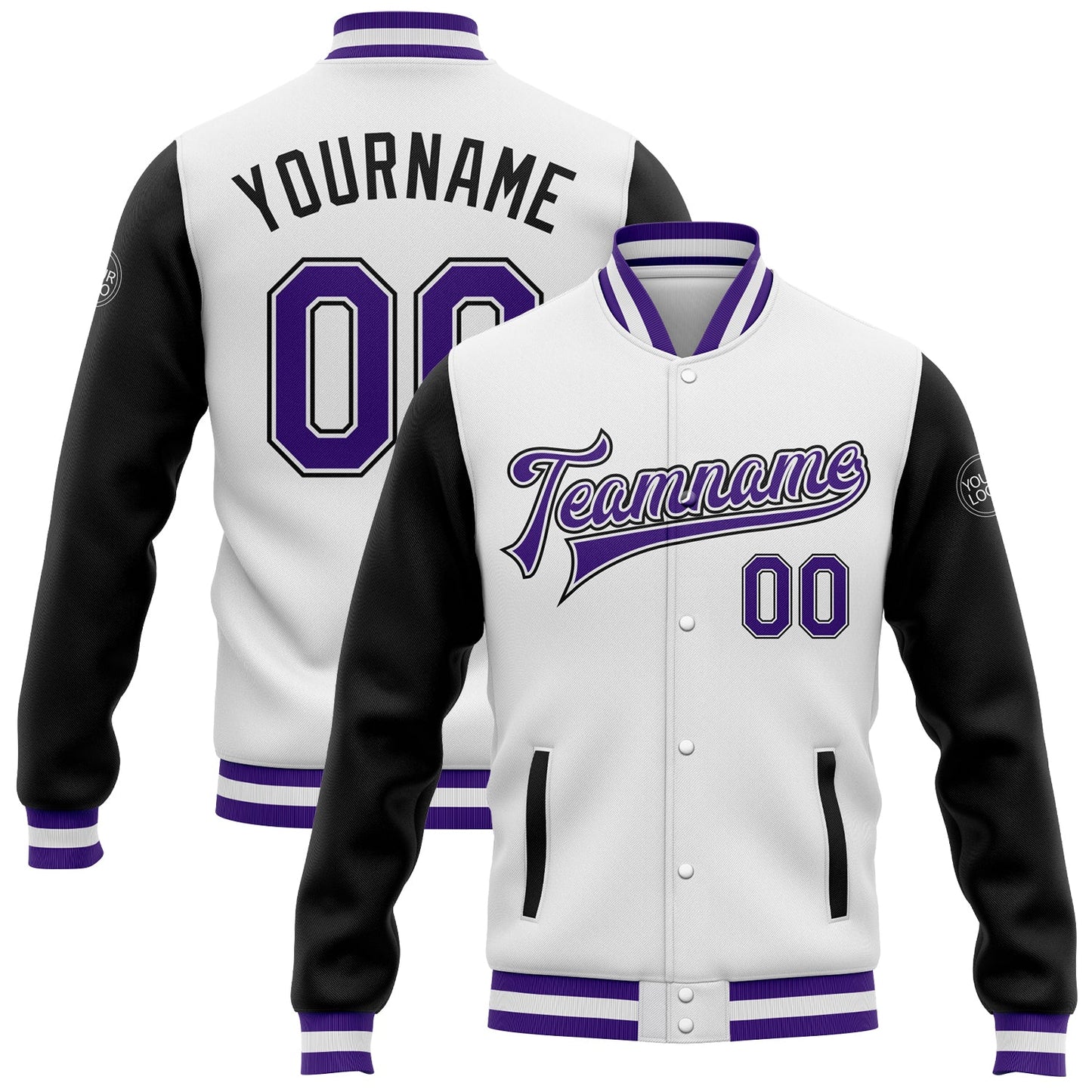 Custom White Purple-Black Bomber Full-Snap Varsity Letterman Two Tone Jacket - Main View