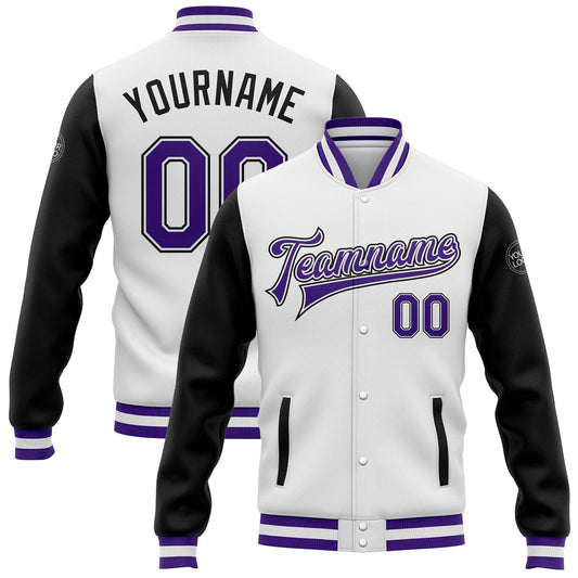 Custom White Purple-Black Bomber Full-Snap Varsity Letterman Two Tone Jacket - Main View