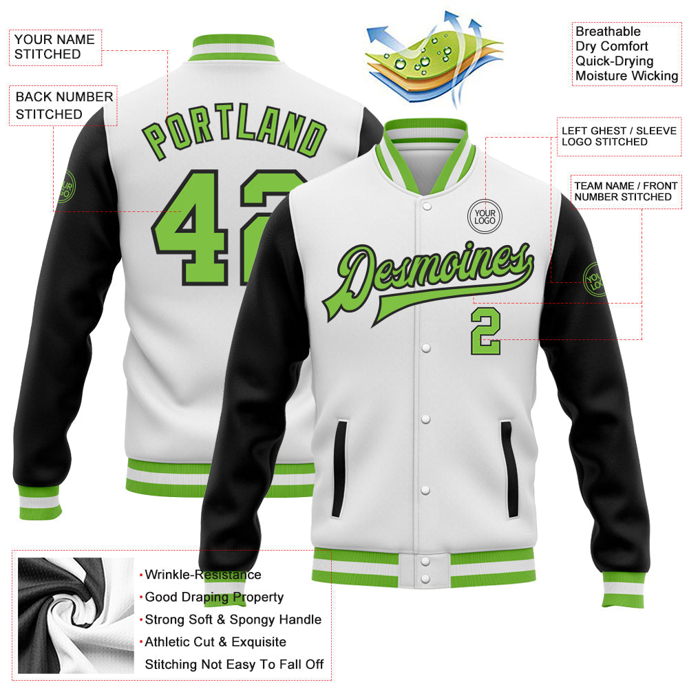 Custom White Neon Green-Black Bomber Full-Snap Varsity Letterman Two Tone Jacket view 5