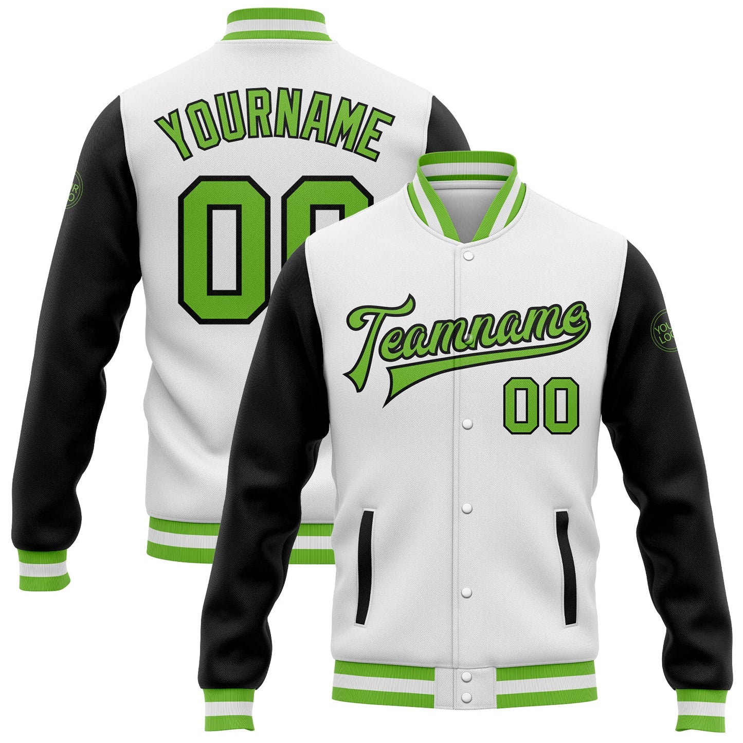 Custom White Neon Green-Black Bomber Full-Snap Varsity Letterman Two Tone Jacket - Main View