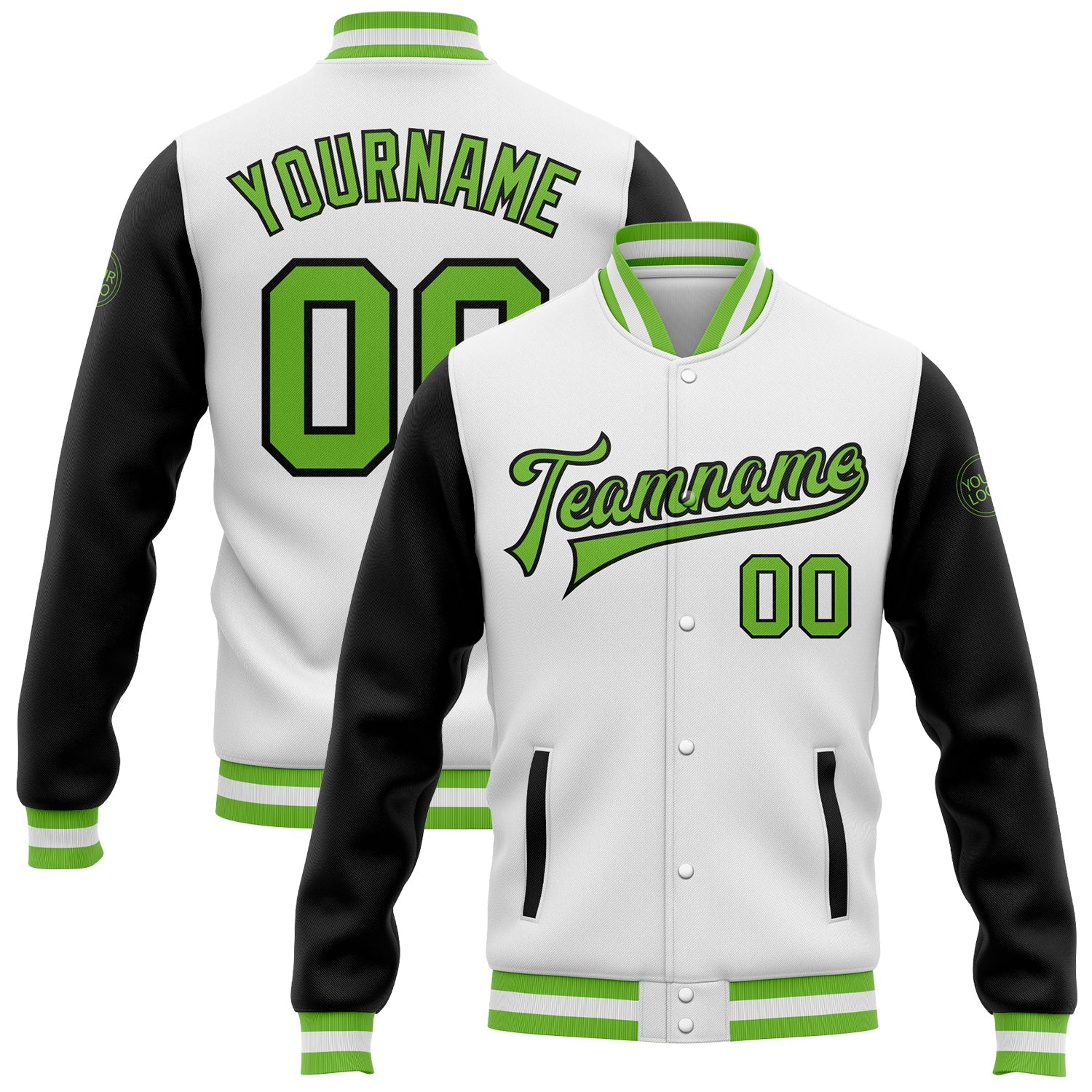 Custom White Neon Green-Black Bomber Full-Snap Varsity Letterman Two Tone Jacket - Main View