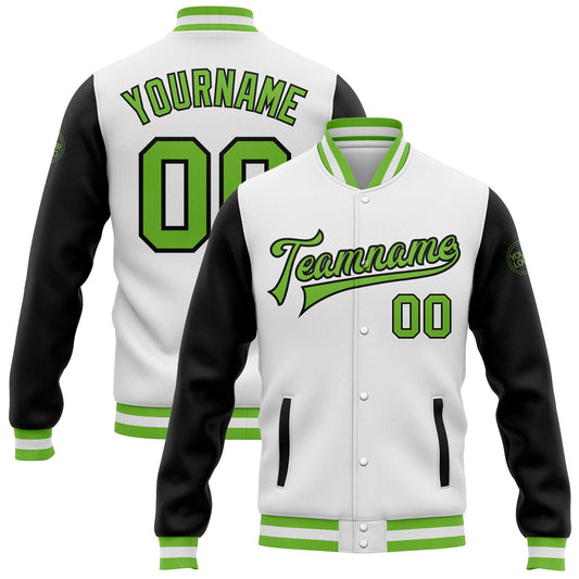 Custom White Neon Green-Black Bomber Full-Snap Varsity Letterman Two Tone Jacket - Main View