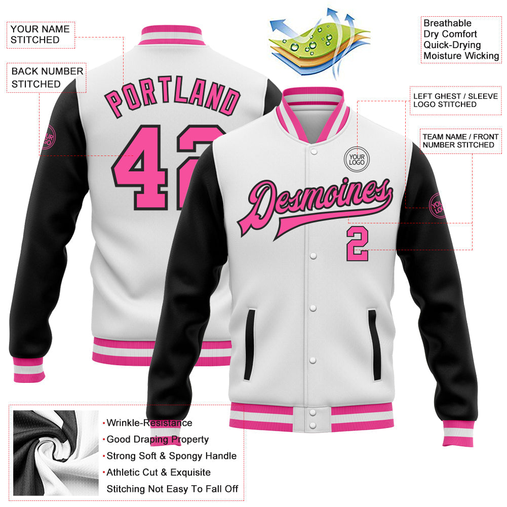 Custom White Pink-Black Bomber Full-Snap Varsity Letterman Two Tone Jacket view 5