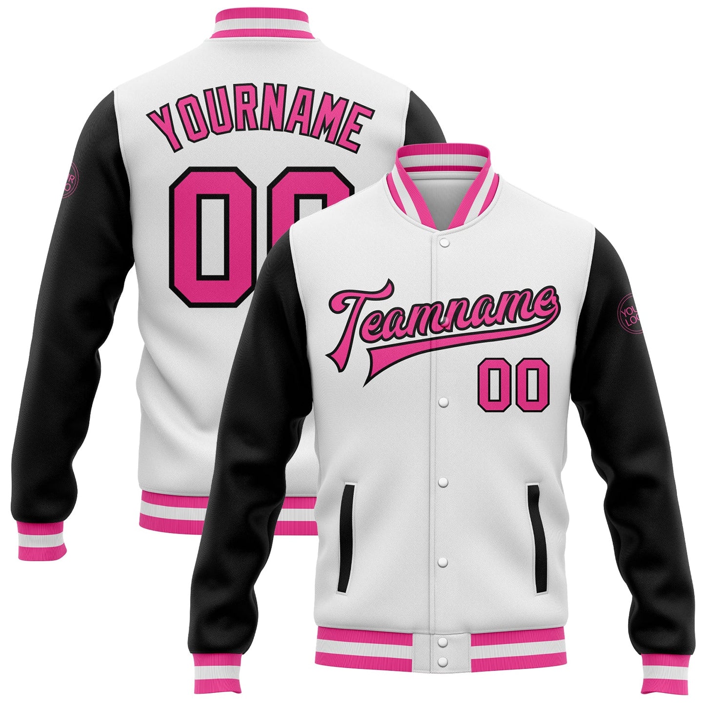 Custom White Pink-Black Bomber Full-Snap Varsity Letterman Two Tone Jacket - Main View
