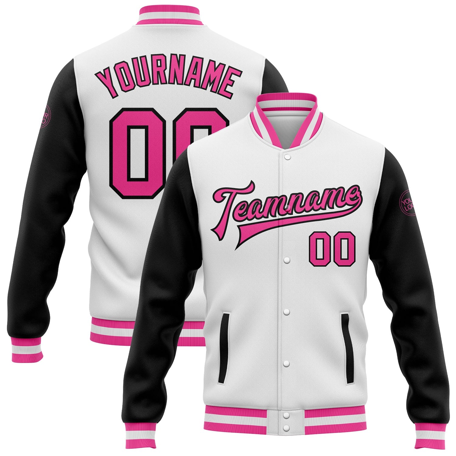 Custom White Pink-Black Bomber Full-Snap Varsity Letterman Two Tone Jacket - Main View