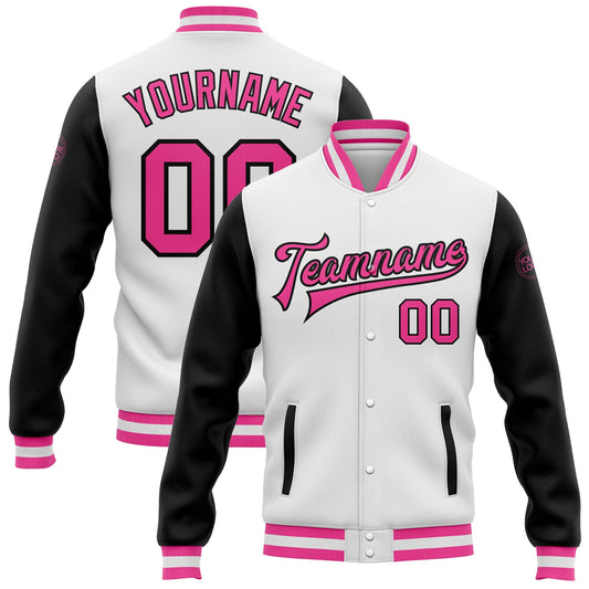 Custom White Pink-Black Bomber Full-Snap Varsity Letterman Two Tone Jacket - Main View