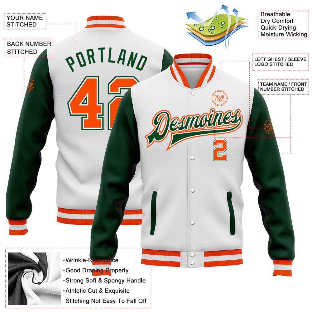 Custom White Orange-Green Bomber Full-Snap Varsity Letterman Two Tone Jacket view 5