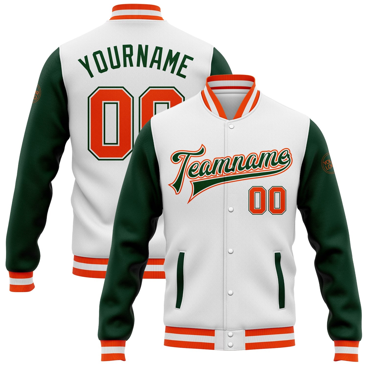Custom White Orange-Green Bomber Full-Snap Varsity Letterman Two Tone Jacket - Main View