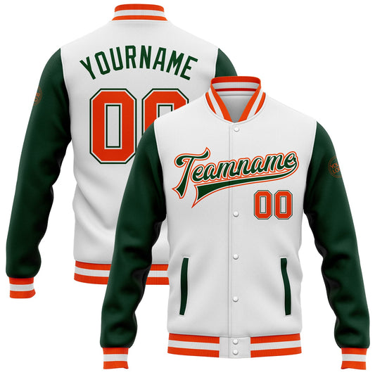 Custom White Orange-Green Bomber Full-Snap Varsity Letterman Two Tone Jacket - Main View