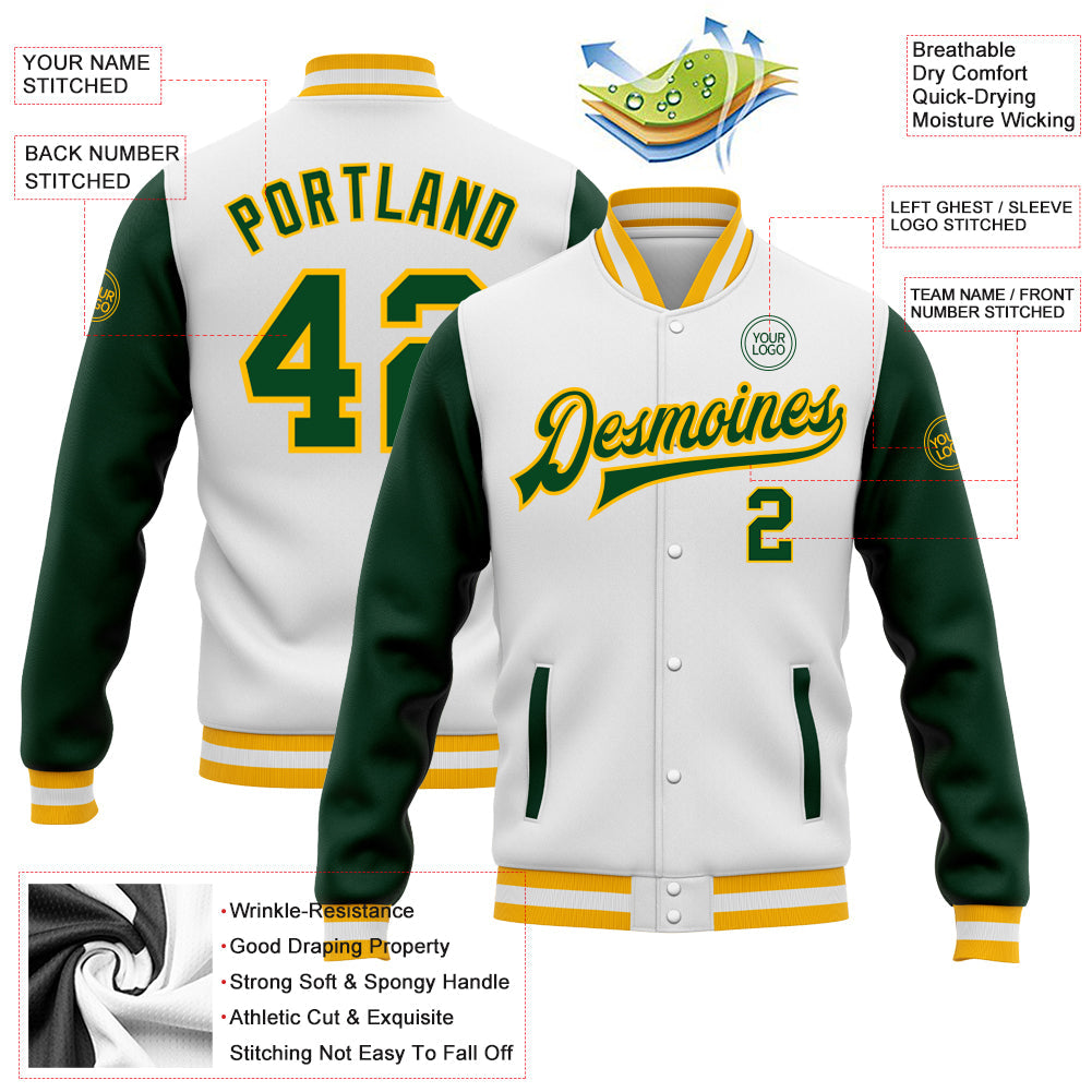 Custom White Green-Gold Bomber Full-Snap Varsity Letterman Two Tone Jacket view 5