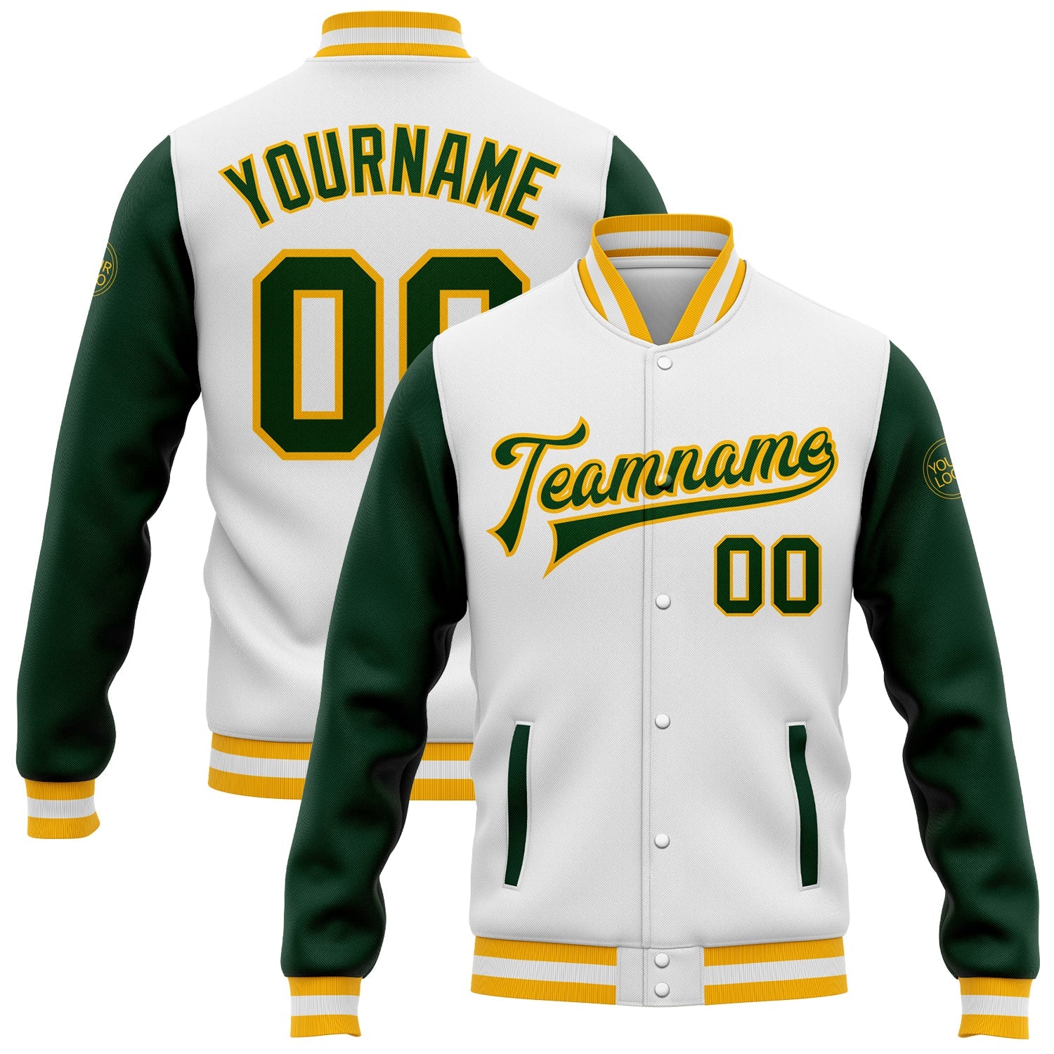 Custom White Green-Gold Bomber Full-Snap Varsity Letterman Two Tone Jacket - Main View