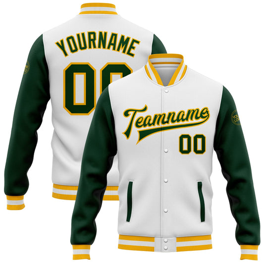 Custom White Green-Gold Bomber Full-Snap Varsity Letterman Two Tone Jacket - Main View
