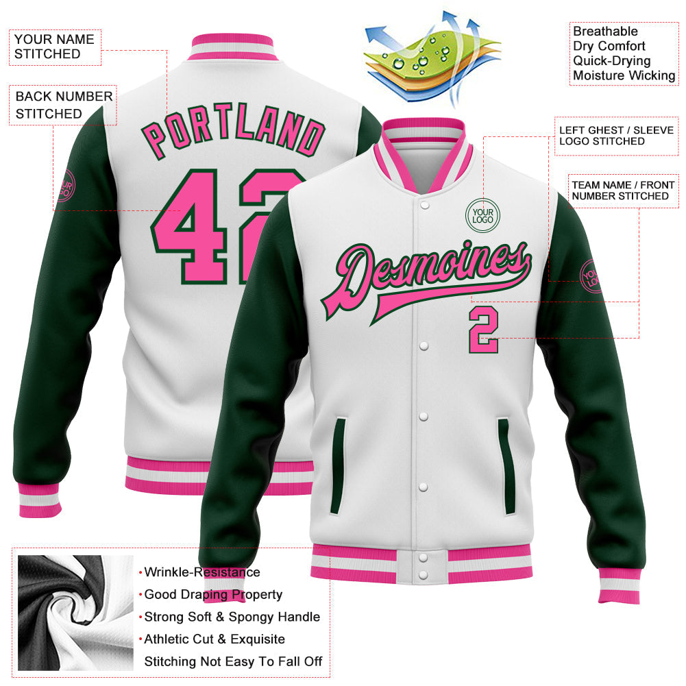 Custom White Pink-Green Bomber Full-Snap Varsity Letterman Two Tone Jacket view 5