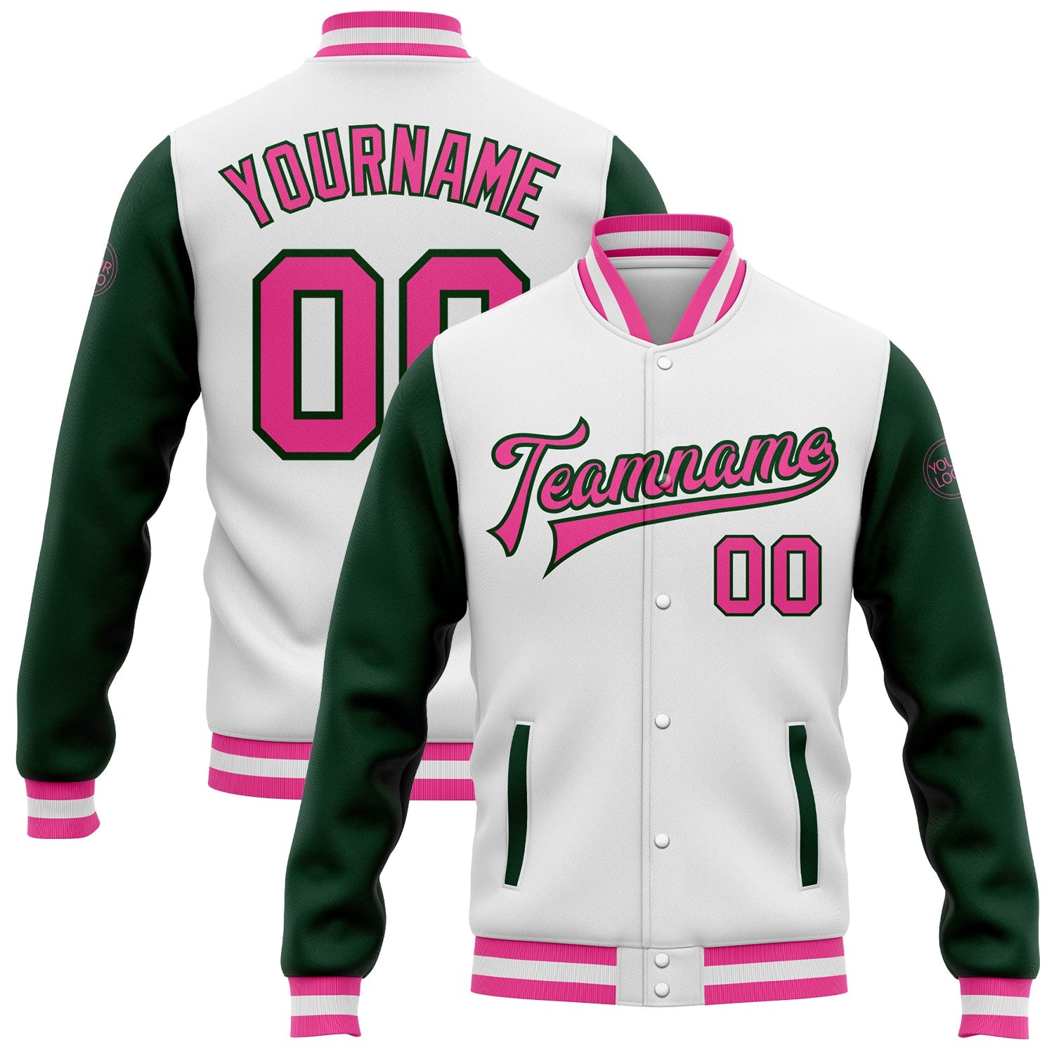 Custom White Pink-Green Bomber Full-Snap Varsity Letterman Two Tone Jacket - Main View