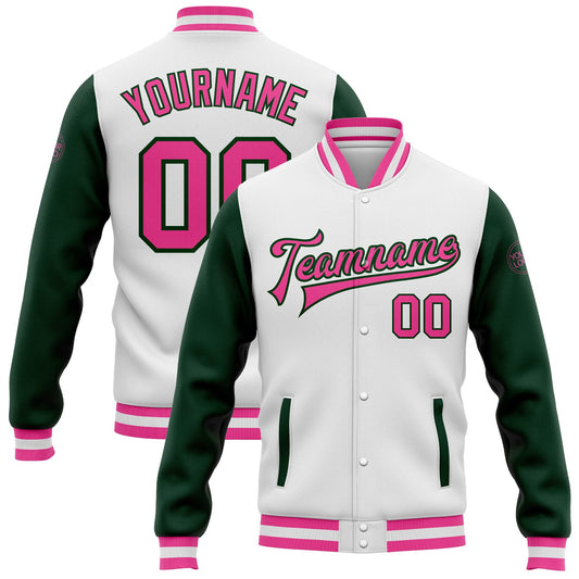 Custom White Pink-Green Bomber Full-Snap Varsity Letterman Two Tone Jacket - Main View