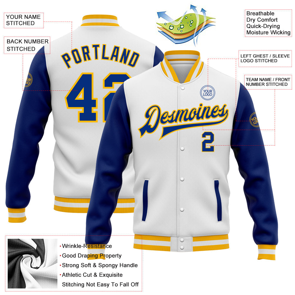 Custom White Royal-Gold Bomber Full-Snap Varsity Letterman Two Tone Jacket view 5
