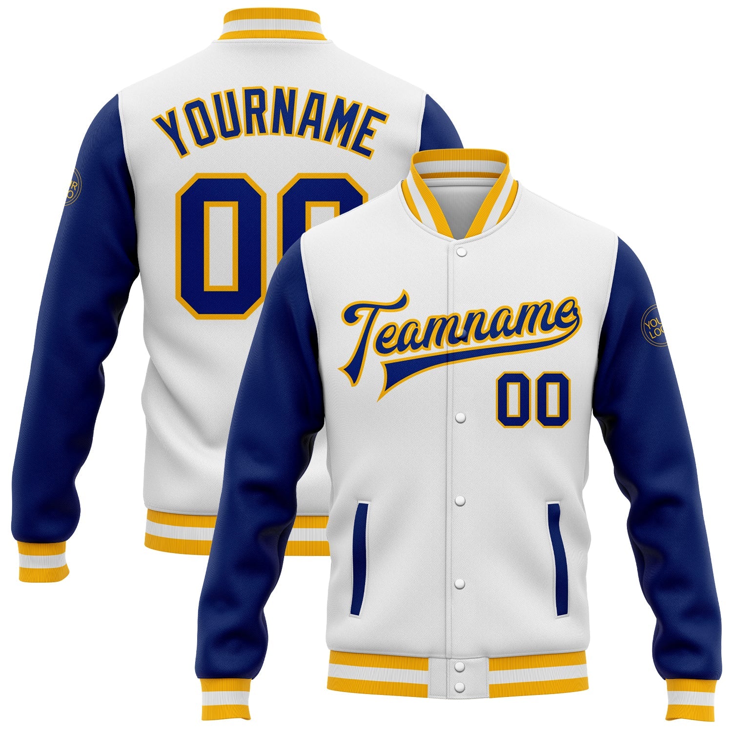 Custom White Royal-Gold Bomber Full-Snap Varsity Letterman Two Tone Jacket - Main View