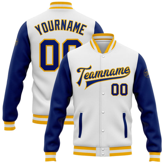Custom White Royal-Gold Bomber Full-Snap Varsity Letterman Two Tone Jacket - Main View