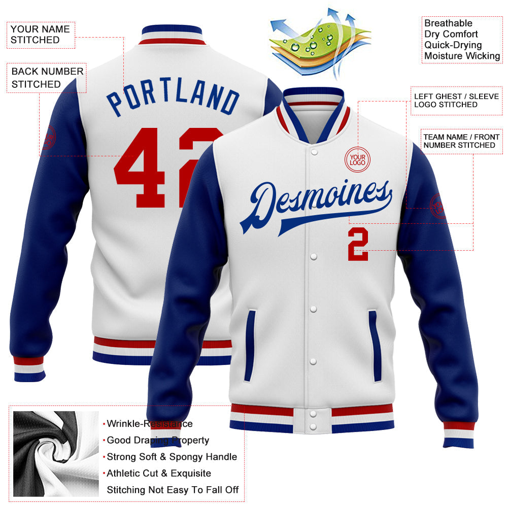 Custom White Red-Royal Bomber Full-Snap Varsity Letterman Two Tone Jacket view 5