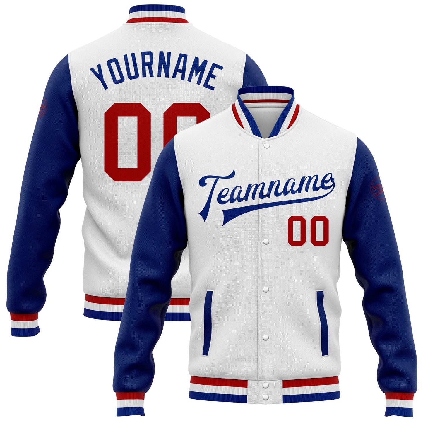 Custom White Red-Royal Bomber Full-Snap Varsity Letterman Two Tone Jacket - Main View