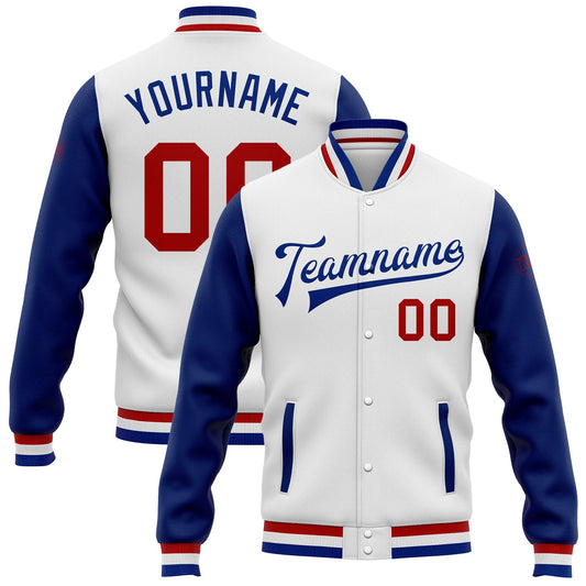 Custom White Red-Royal Bomber Full-Snap Varsity Letterman Two Tone Jacket - Main View