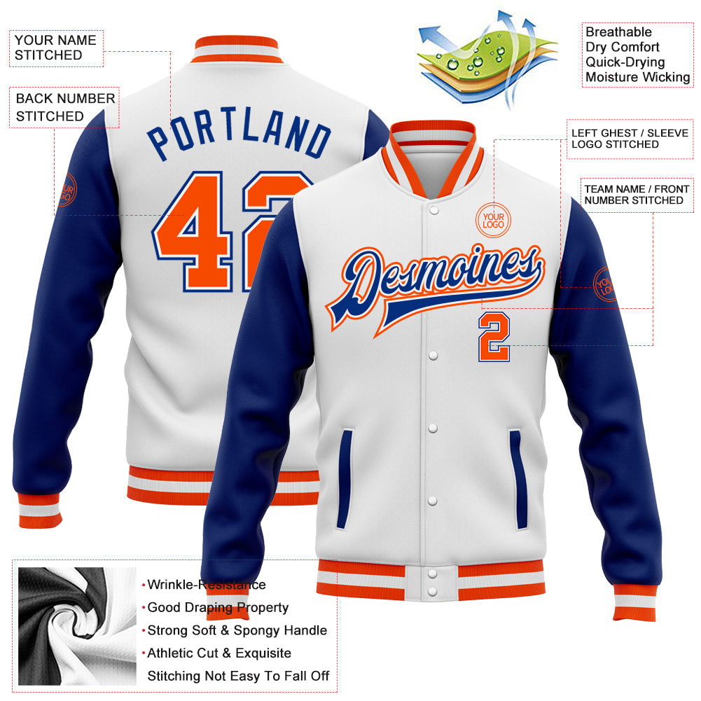 Custom White Orange-Royal Bomber Full-Snap Varsity Letterman Two Tone Jacket view 5