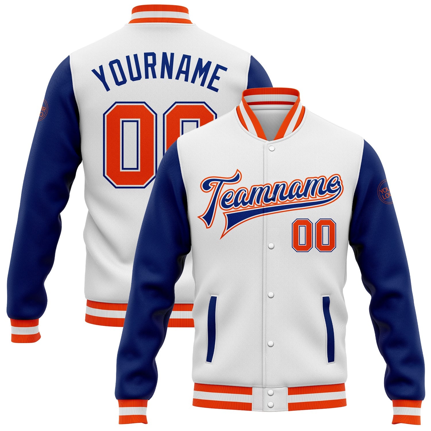 Custom White Orange-Royal Bomber Full-Snap Varsity Letterman Two Tone Jacket - Main View