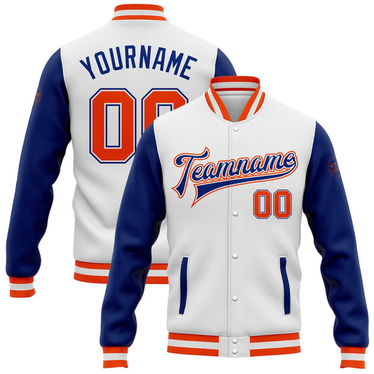 Custom White Orange-Royal Bomber Full-Snap Varsity Letterman Two Tone Jacket - Main View
