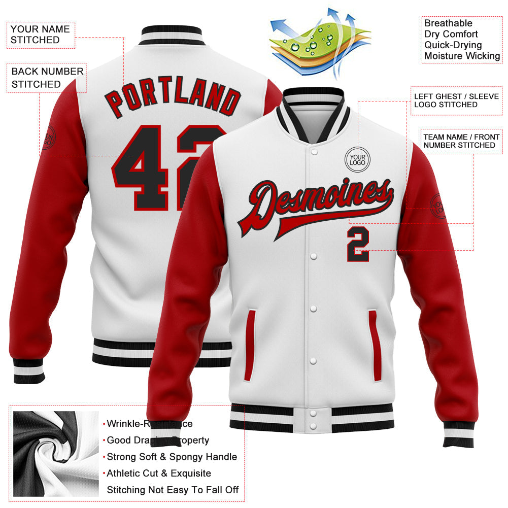 Custom White Black-Red Bomber Full-Snap Varsity Letterman Two Tone Jacket view 5