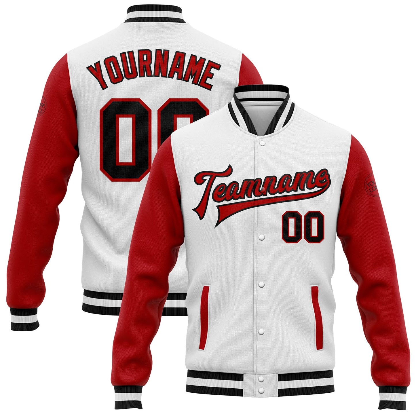 Custom White Black-Red Bomber Full-Snap Varsity Letterman Two Tone Jacket - Main View