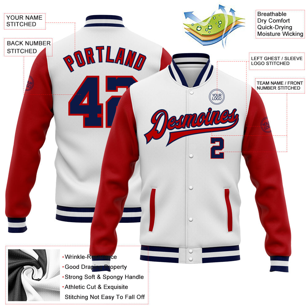 Custom White Navy-Red Bomber Full-Snap Varsity Letterman Two Tone Jacket view 5