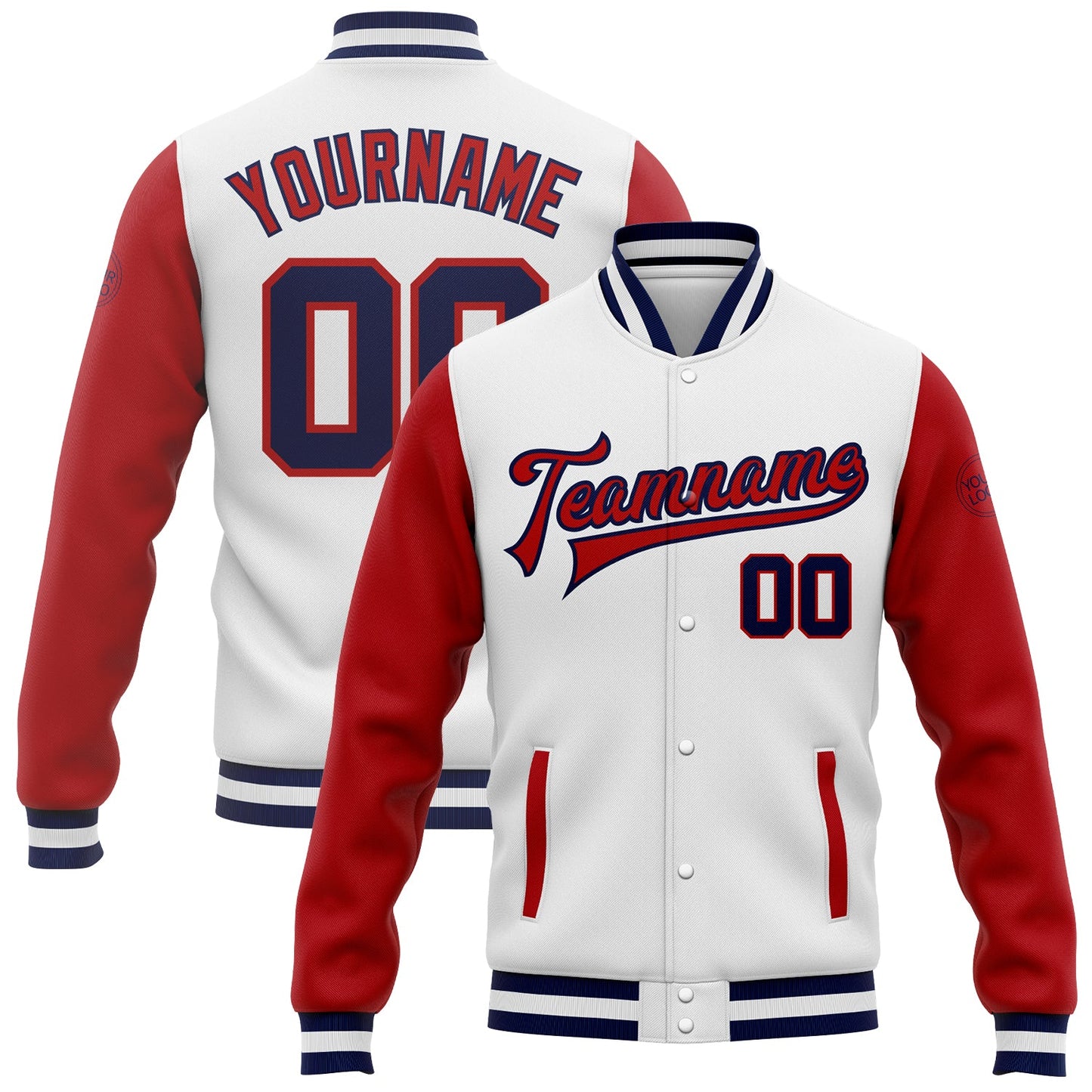 Custom White Navy-Red Bomber Full-Snap Varsity Letterman Two Tone Jacket - Main View