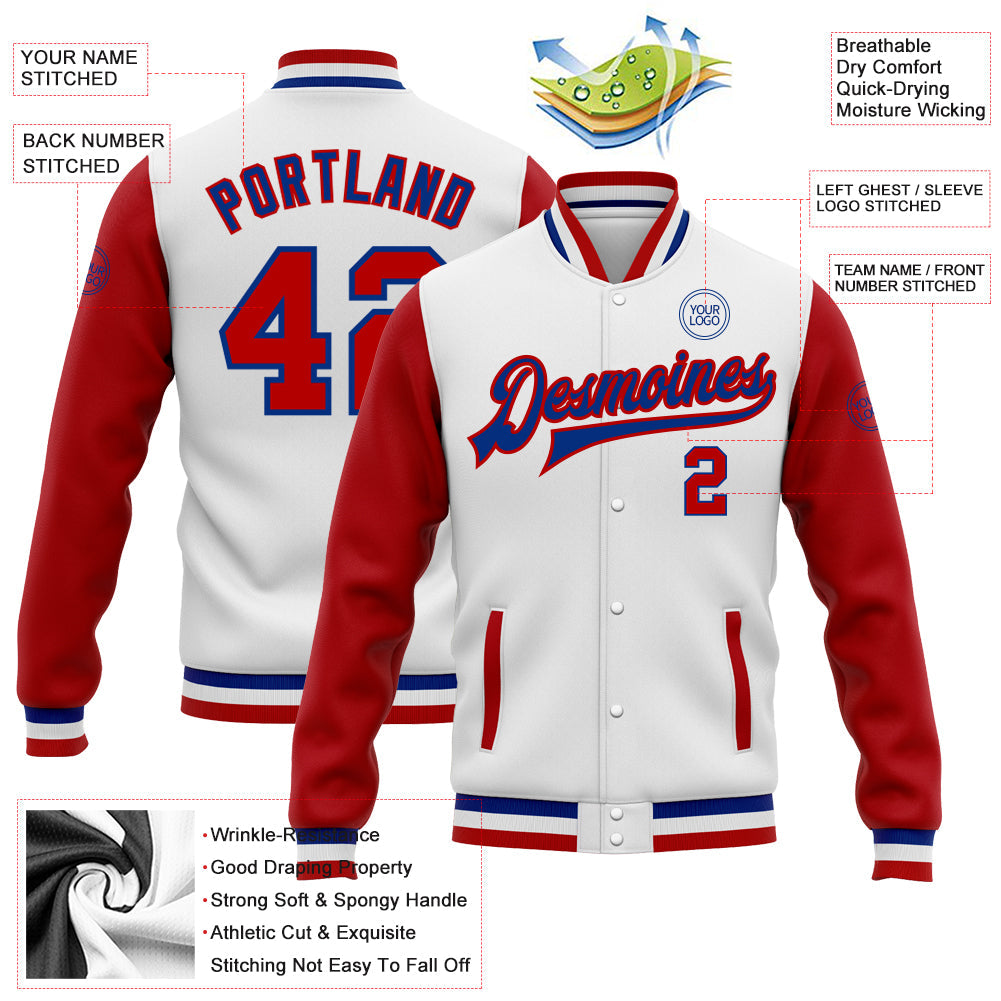 Custom White Red-Royal Bomber Full-Snap Varsity Letterman Two Tone Jacket view 5