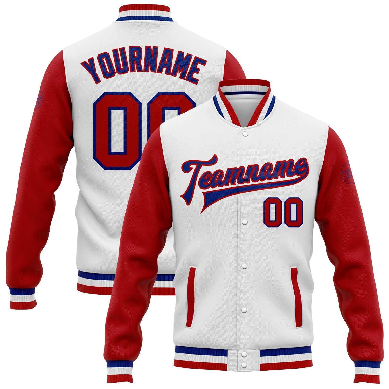 Custom White Red-Royal Bomber Full-Snap Varsity Letterman Two Tone Jacket - Main View
