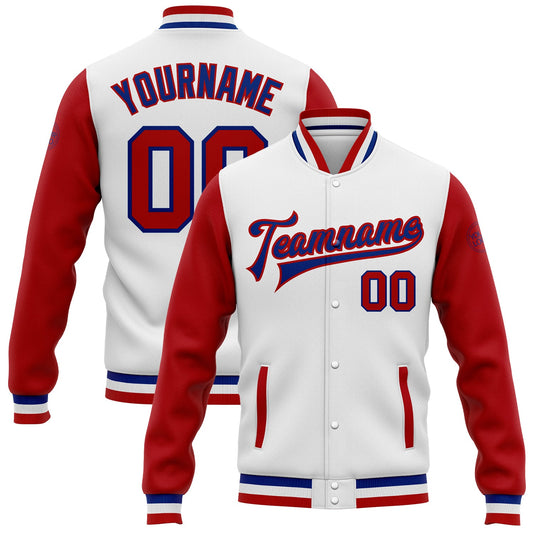 Custom White Red-Royal Bomber Full-Snap Varsity Letterman Two Tone Jacket - Main View