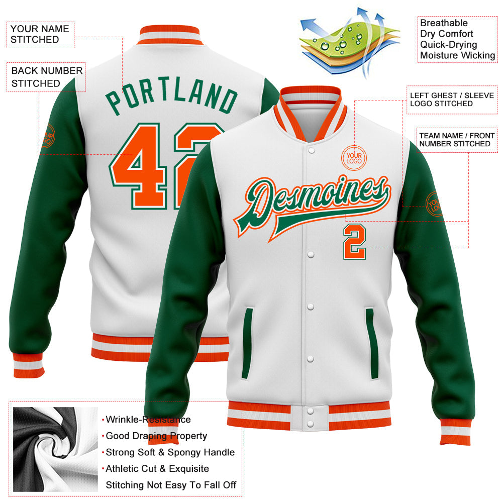 Custom White Orange-Kelly Green Bomber Full-Snap Varsity Letterman Two Tone Jacket view 5