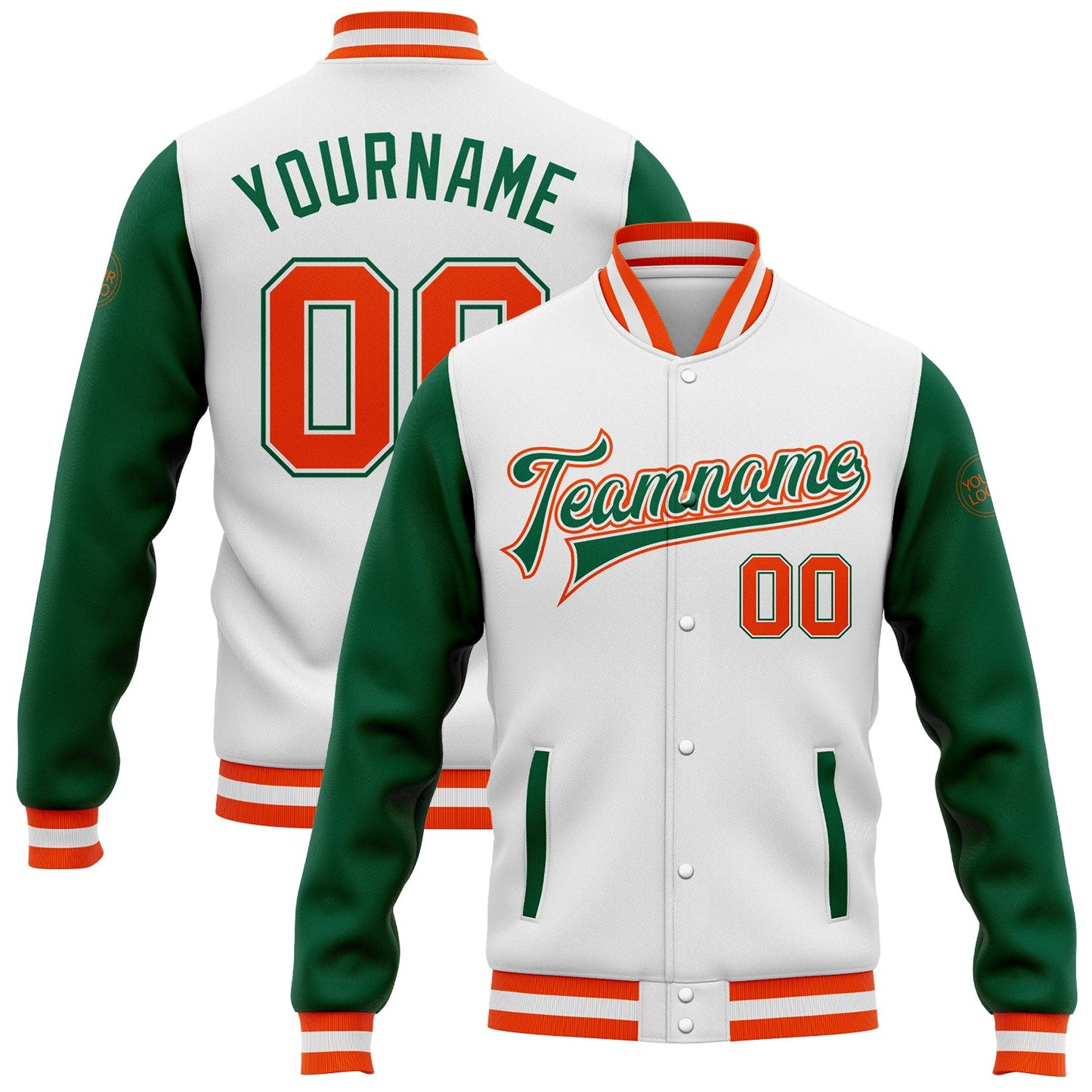 Custom White Orange-Kelly Green Bomber Full-Snap Varsity Letterman Two Tone Jacket - Main View