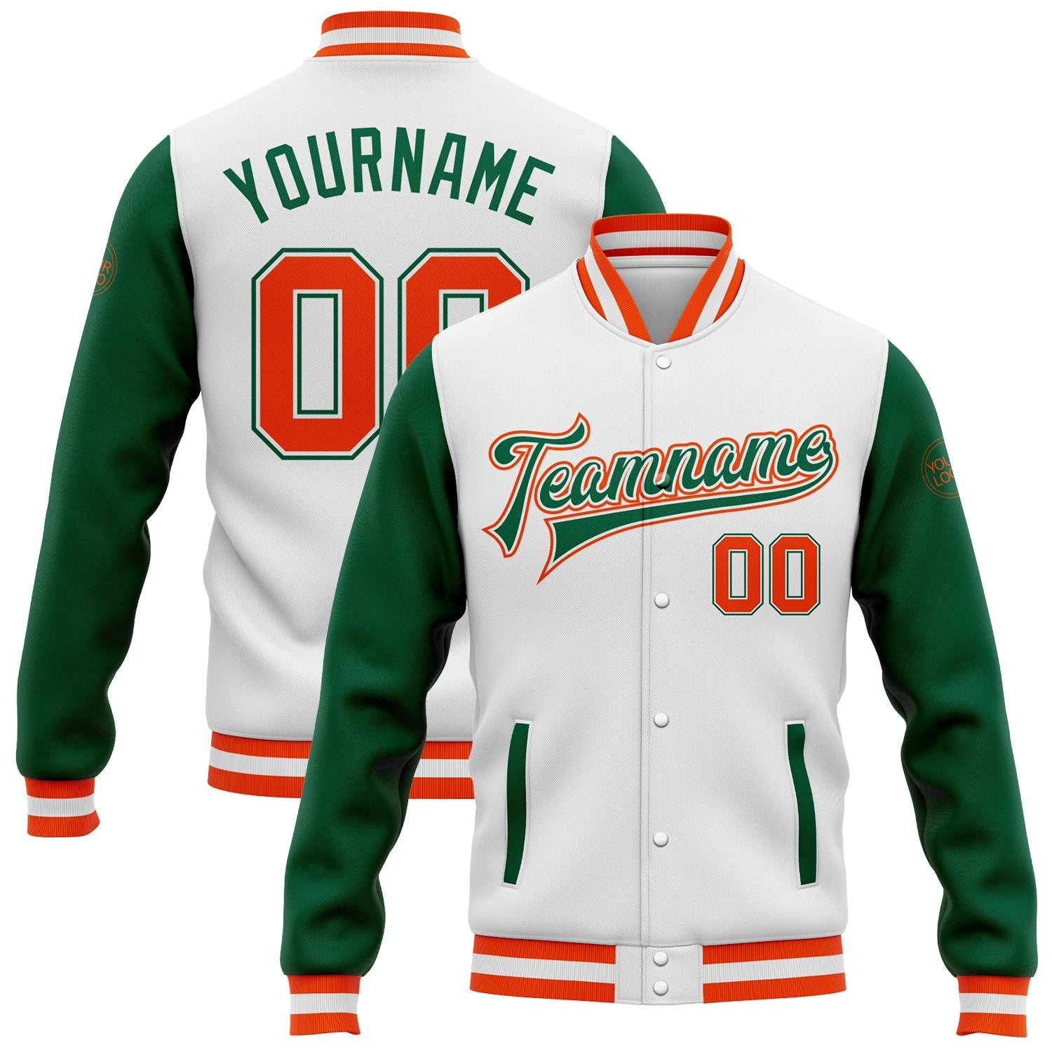Custom White Orange-Kelly Green Bomber Full-Snap Varsity Letterman Two Tone Jacket - Main View