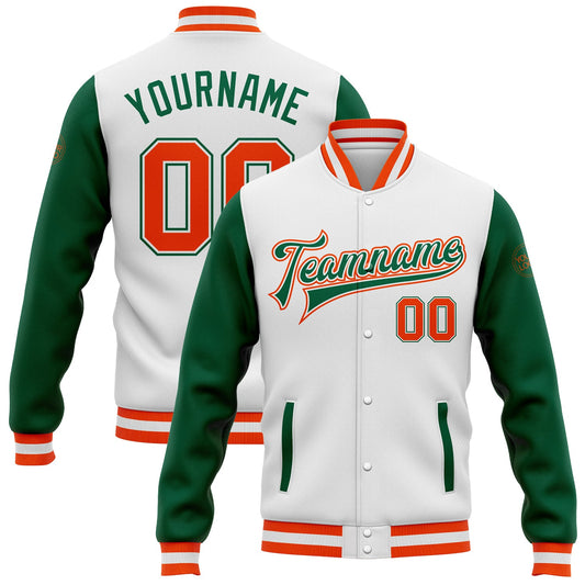 Custom White Orange-Kelly Green Bomber Full-Snap Varsity Letterman Two Tone Jacket - Main View