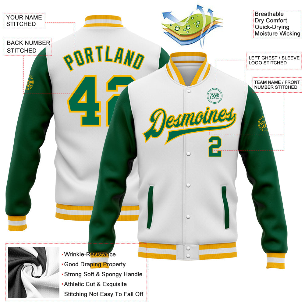Custom White Kelly Green-Gold Bomber Full-Snap Varsity Letterman Two Tone Jacket view 5