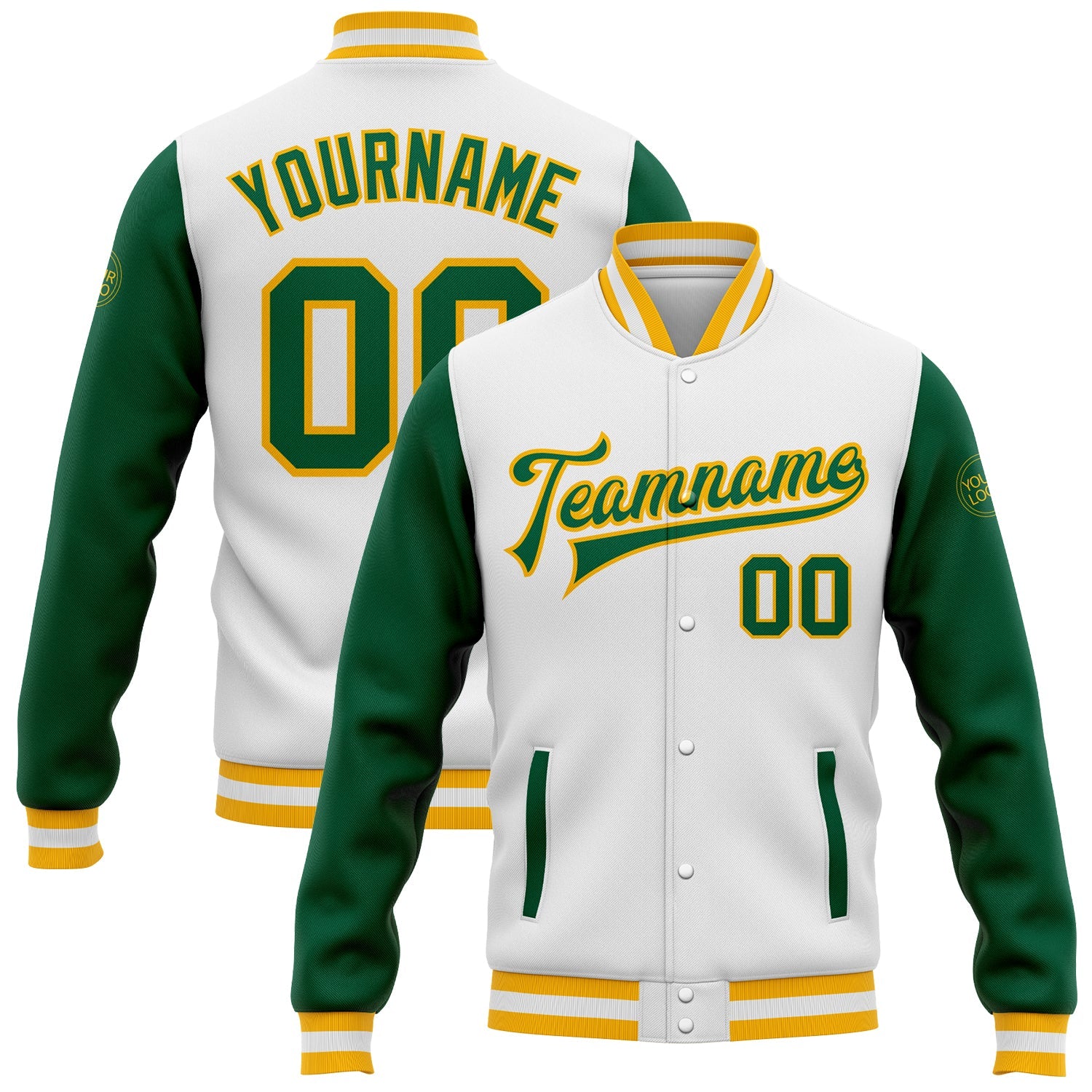 Custom White Kelly Green-Gold Bomber Full-Snap Varsity Letterman Two Tone Jacket - Main View