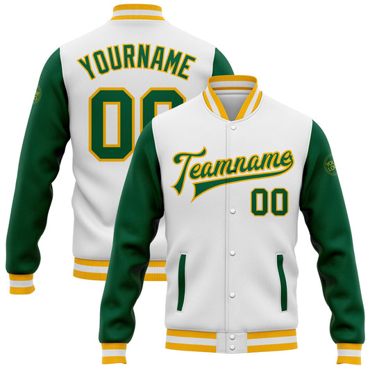 Custom White Kelly Green-Gold Bomber Full-Snap Varsity Letterman Two Tone Jacket - Main View
