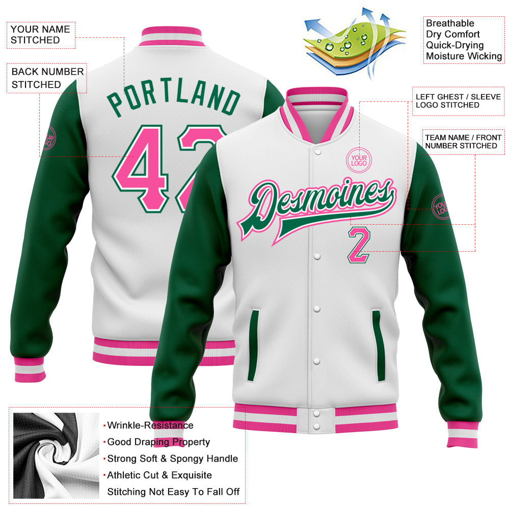 Custom White Pink-Kelly Green Bomber Full-Snap Varsity Letterman Two Tone Jacket view 5