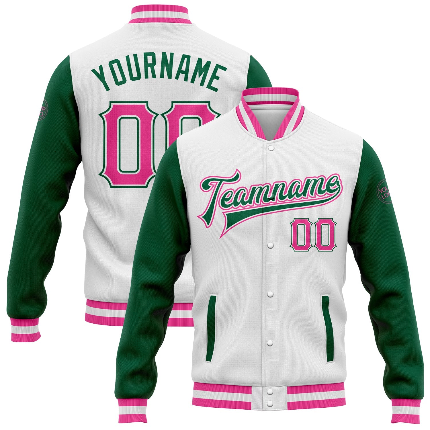 Custom White Pink-Kelly Green Bomber Full-Snap Varsity Letterman Two Tone Jacket - Main View